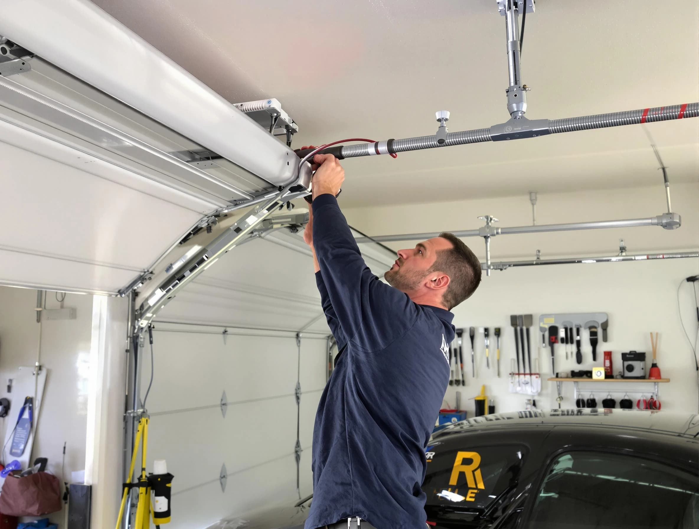 Roy Garage Door Repair technician performing garage door cable repair in Roy