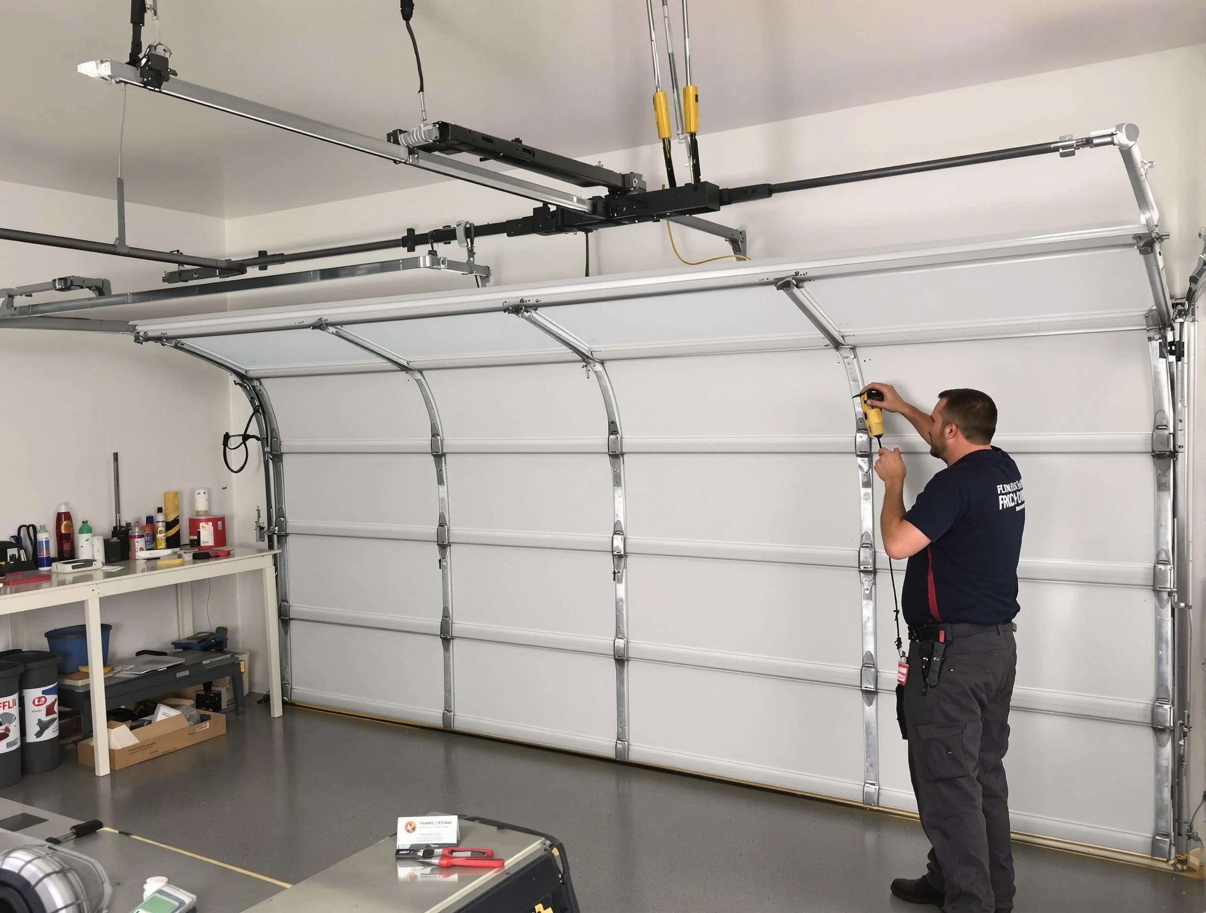 Roy Garage Door Repair certified technician performing overhead door system repair in Roy