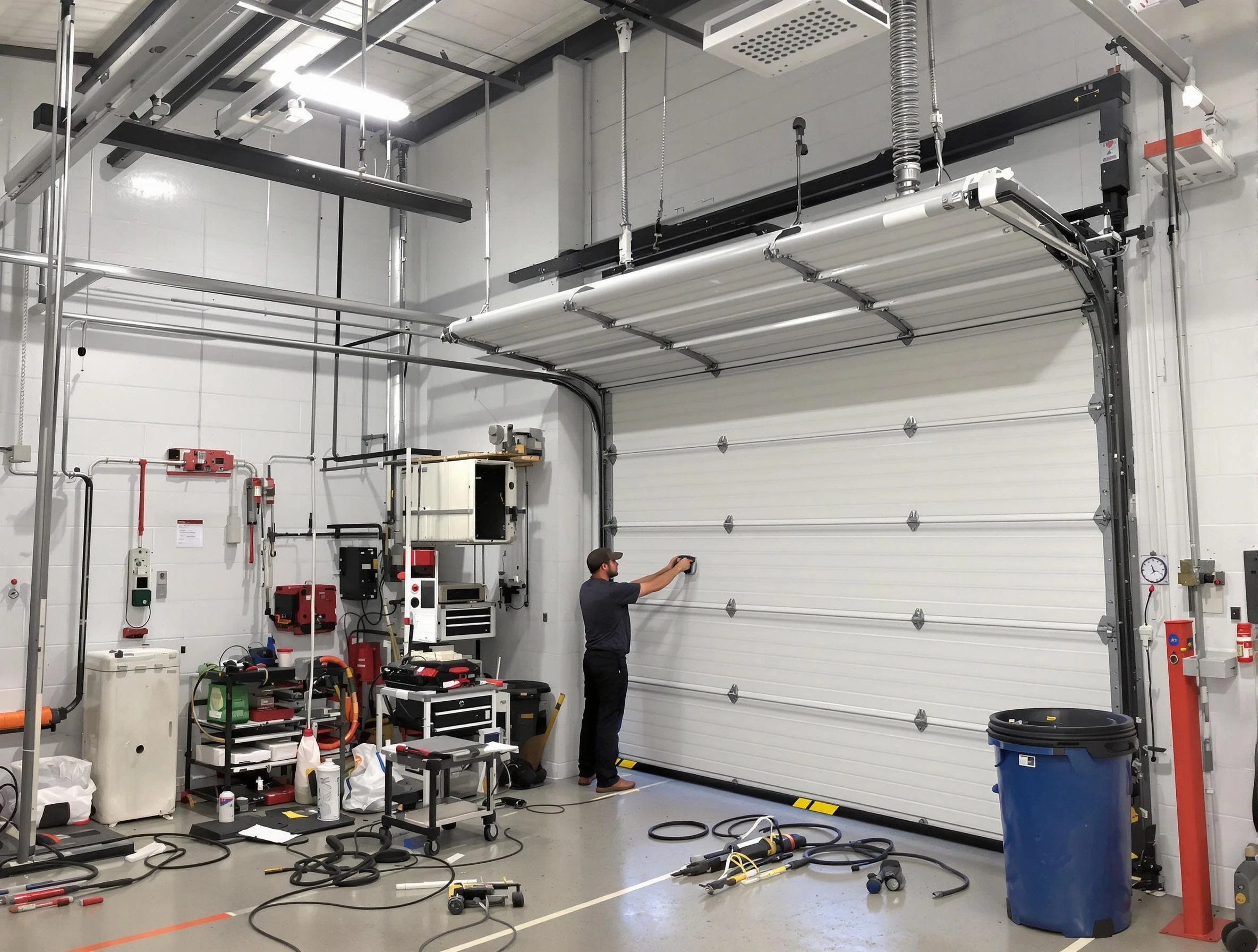 Roy Garage Door Repair certified technician performing commercial door repair at a Roy business facility