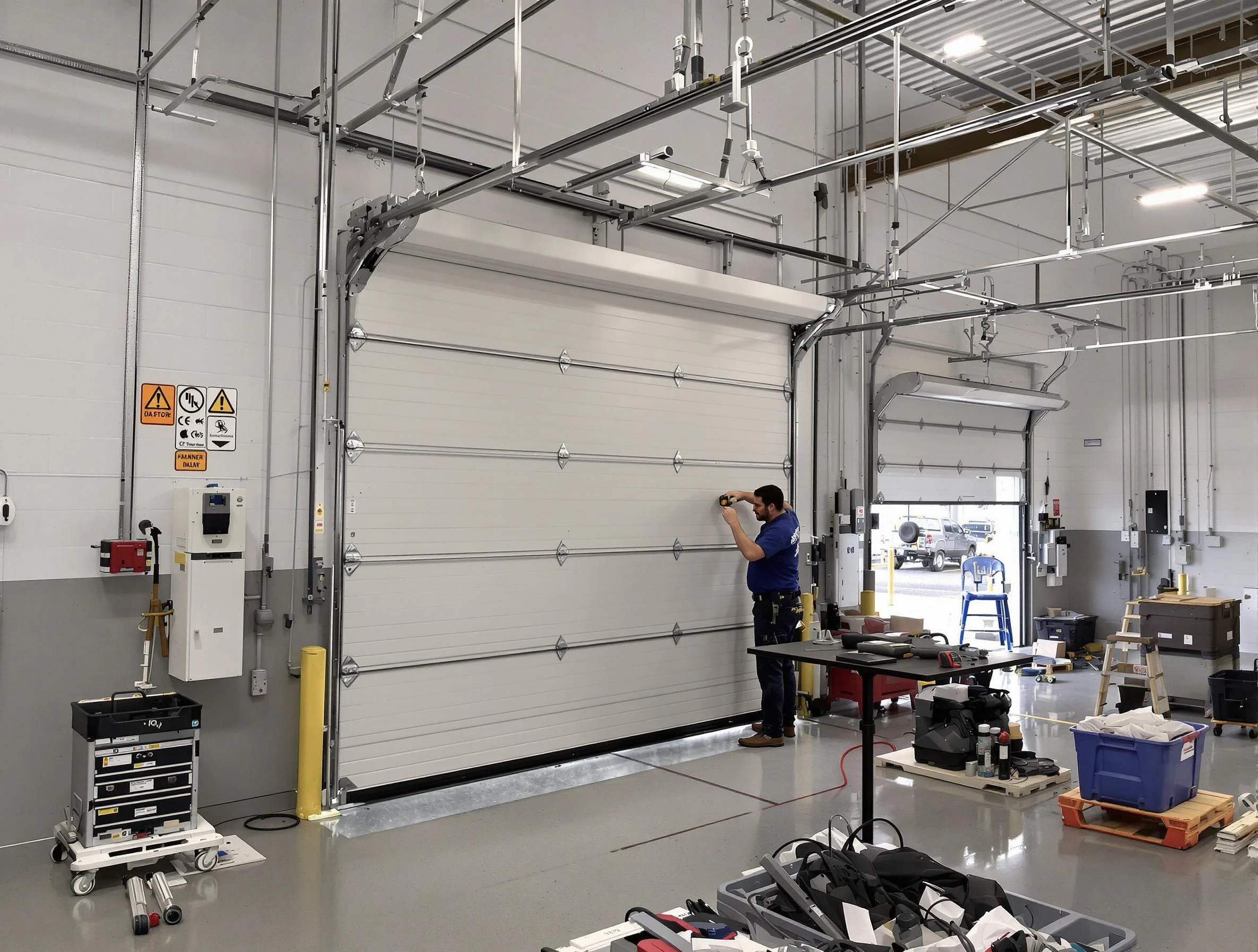 Commercial garage door repair being performed by Roy Garage Door Repair expert in Roy