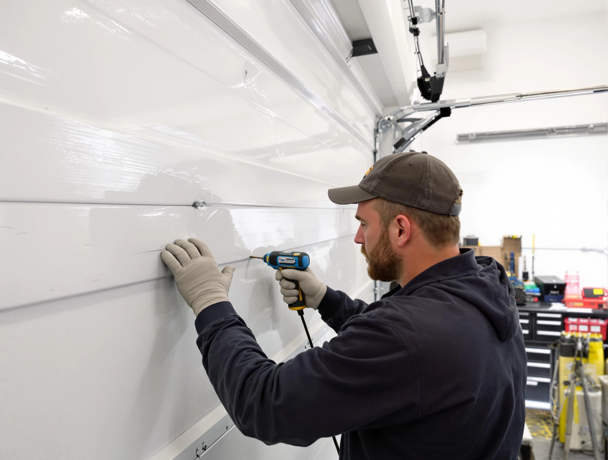Roy Garage Door Repair technician demonstrating precision dent removal techniques on a Roy garage door
