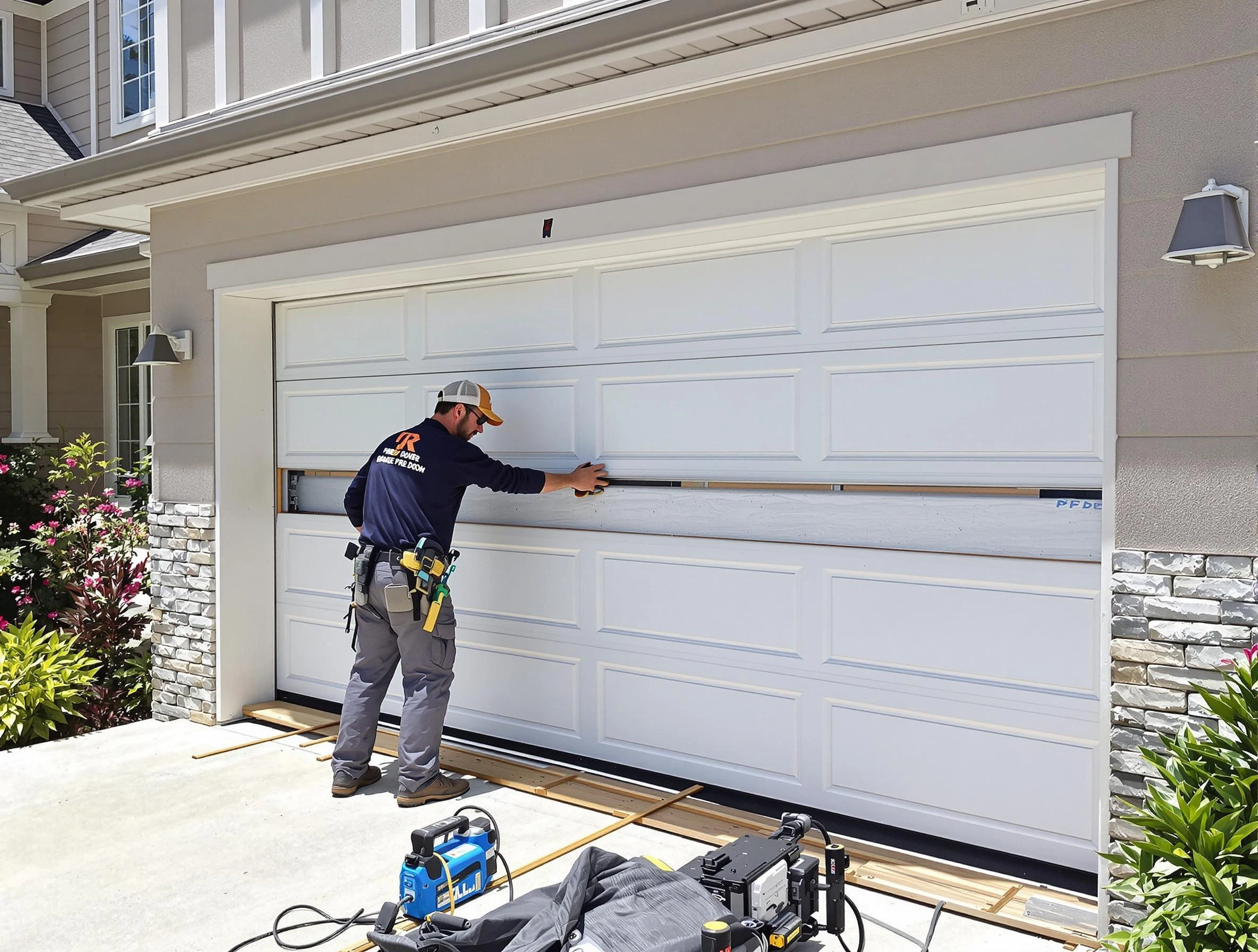 Roy Garage Door Repair team performing complete garage door replacement at Roy residence