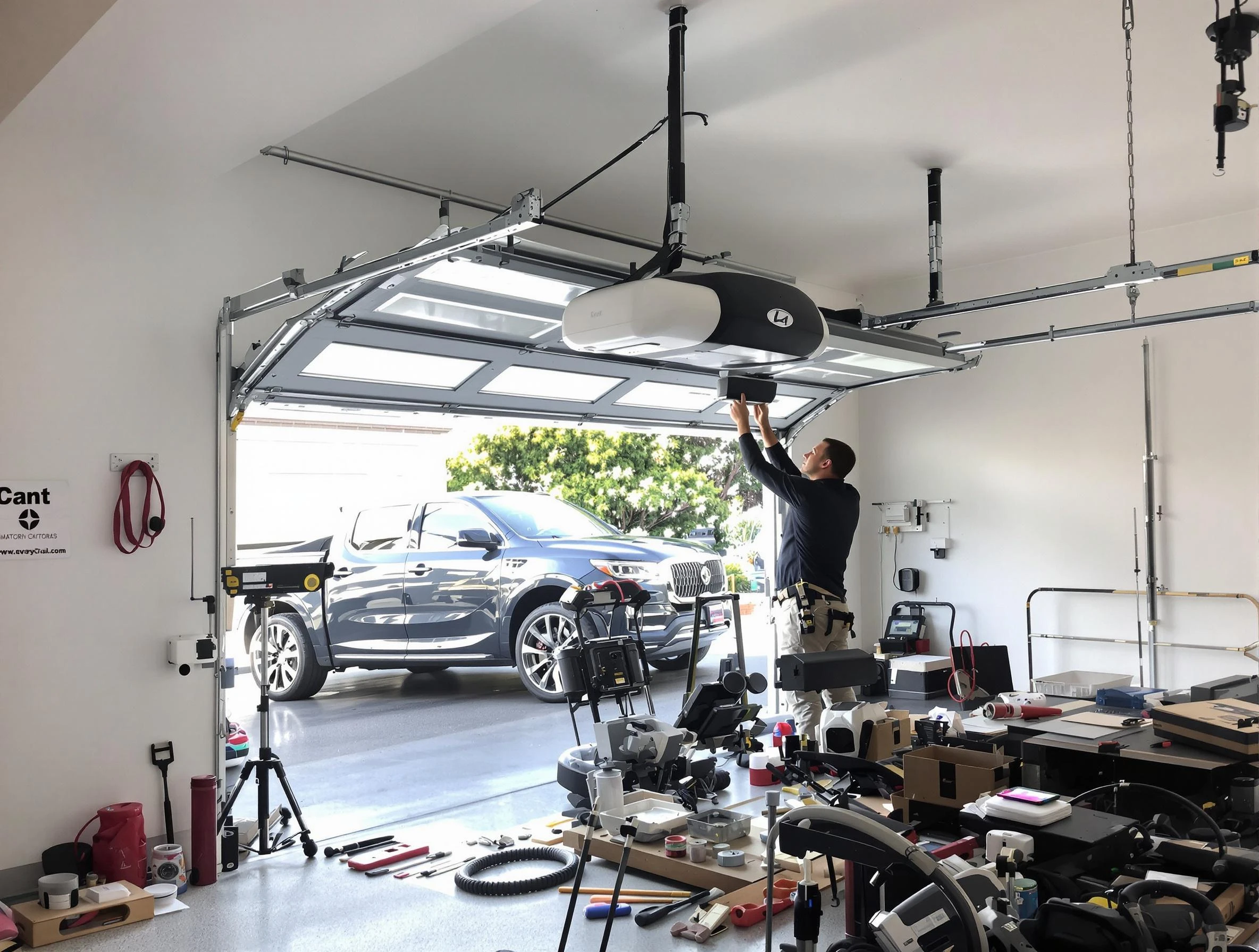Roy Garage Door Repair specialist installing smart garage door opener system in Roy home